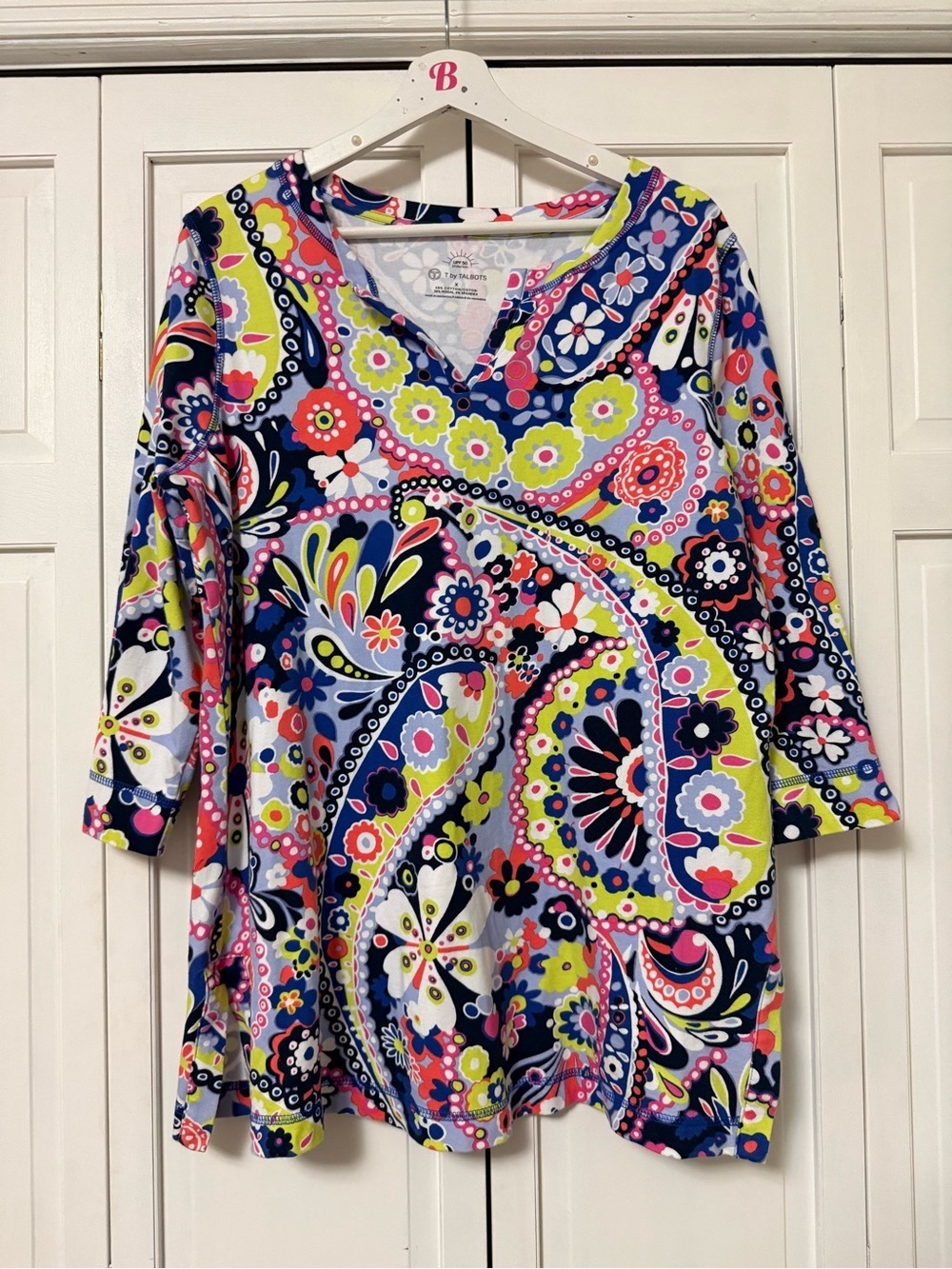 T by Talbots Multi All Over Print Paisley V-Neck Tunic UPF 50 Cotton Modal Spand